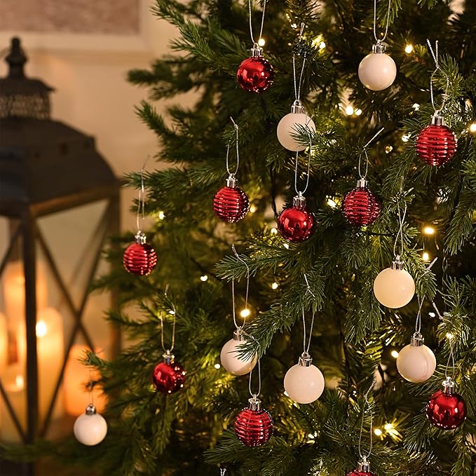 Valery Madelyn 1.57 Inches Small Christmas Tree Decorations Ornament Set for 4th of July Fall Halloween, 24ct Red and White Shatterproof Hanging Ball Ornaments Holiday Party Decor