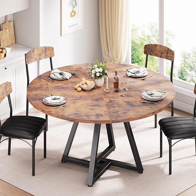 51“ Round Kitchen Dining Room Table for 6-8, Circle Dining Dinner Table with Pedestal Metal Frame, Space Saving Wood Industrial Furniture for Small Space (Rustic Brown, 51In)