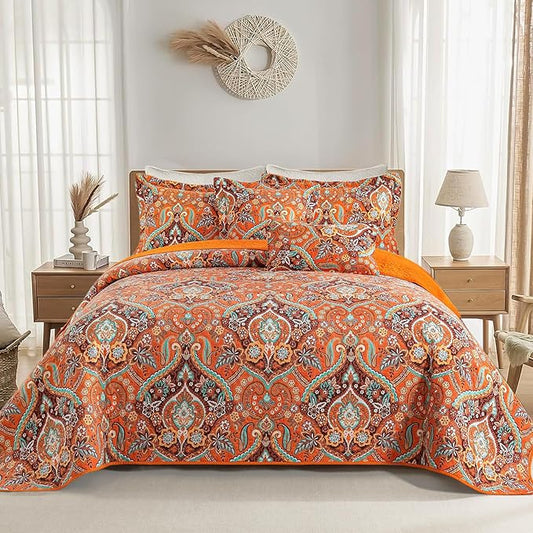VAPUTAR Cotton Quilt King Size, King Size Quilt Bedding Set with Bohemian Damask Pattern-3Pieces Lightweight Reversible Soft Bedspread Coverlet (98 * 106 in) Suitable for All Season (Light Orange)