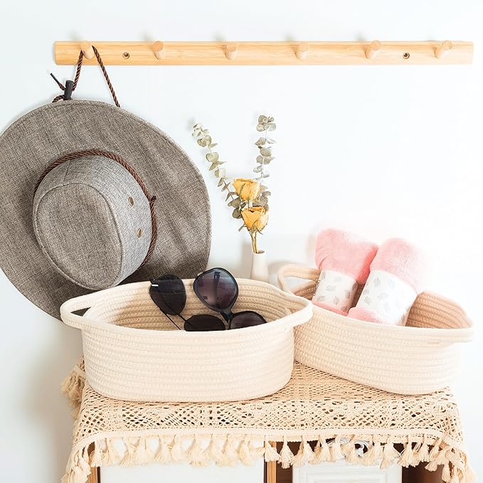 MINTWOOD Design 5-Piece Storage Baskets for Organizing, Small Woven Rope Baskets for Storage and Shelves, Dog Cat Toy Basket Box, Pantry Bathroom Organization Bins, Nightstand Organizer, Beige