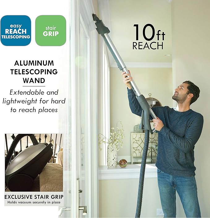 Kenmore Elite 21814 Pet Friendly CrossOver Lightweight Bagged HEPA Canister Vacuum with Pet PowerMate, Extended Telescoping Wand, Retractable Cord, 2 Floor Nozzles, and 4 Cleaning Tools-Silver/Gray