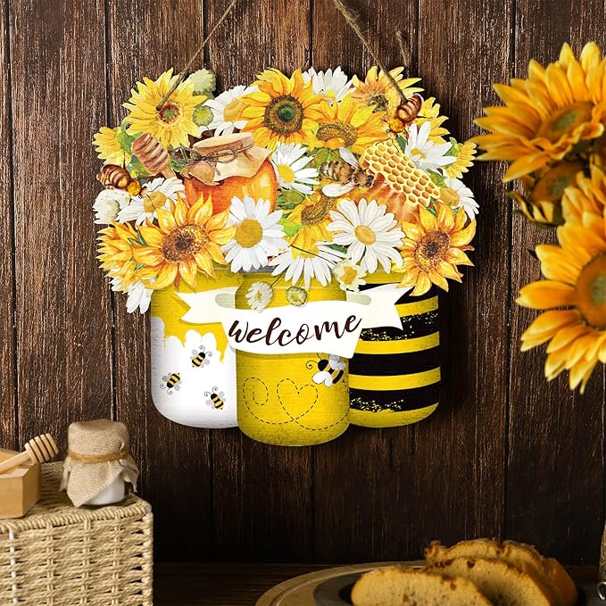 Spiareal Bee Welcome Yellow Hanging Front Door Summer Decorations for Home Hanger Wooden Sign Farmhouse Wall Bright Porch Decoration Art Wreaths for Front Door Outside All Season
