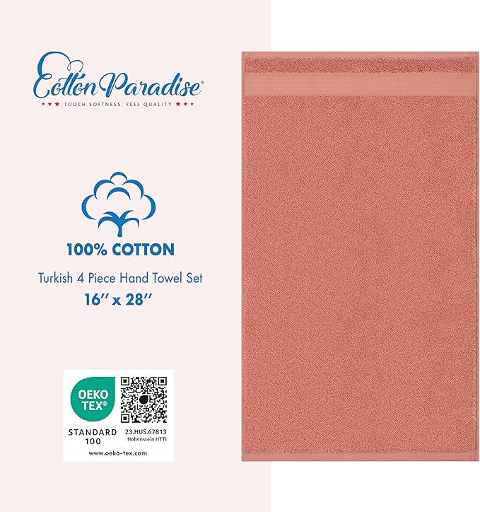 Cotton Paradise Hand Towels for Bathroom, 100% Cotton Turkish 4 Piece Hand Towel Set, Soft Absorbent Face Towels, Coral