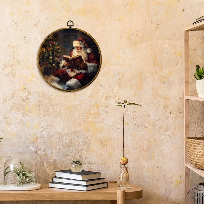 CUANFDDSF Vintage Christmas Santa Reading Round Wall Art Decor, Cozy Xmas Tree Santa Claus Holiday Wall Hanging Frame Decor, Winter Christmas Canvas Prints Decorations for Home Bedroom, 10x10 Inch