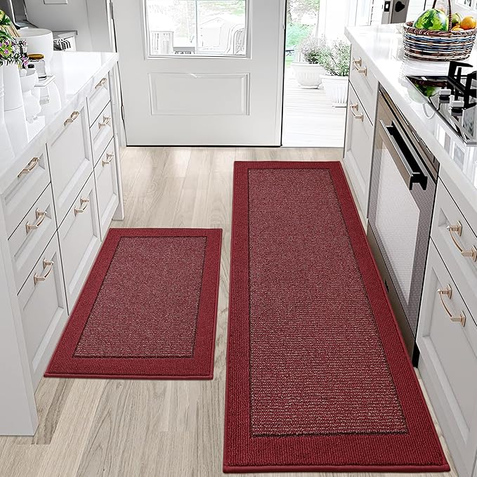 BEQHAUSE Kitchen Rugs and Mats Set of 2 Non-Slip Kitchen Mats for Floor, Absorbent and Stain Resistant Kitchen Runner, Machine Washable Rugs for Kitchen, Laundry & Sink, 24"x36"+24"x60", Red