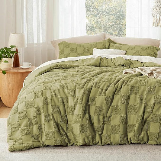 Bedsure King Size Comforter Set Olive Green, Boho Tufted Bed Set, Checkered Farmhouse Shabby Chic Bedding, 3 Pieces, 1 Plaid Geometric Comforter and 2 Pillow Shams