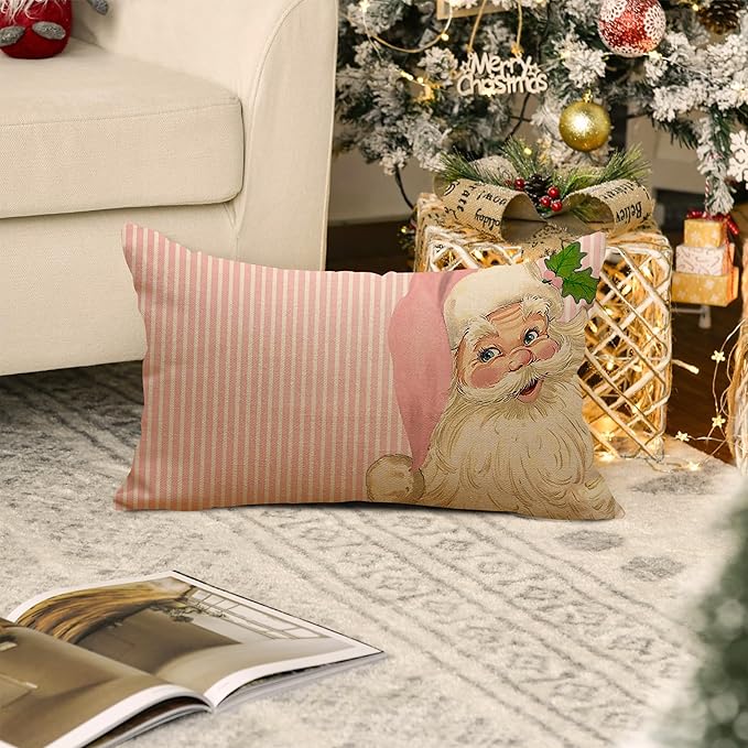 Nostalgic Santa Pillow Cover - 12X20 Inch Merry Christmas Pink Striped Throw Pillow Covers Santa Claus Pillowcase Xmas Pillow Cushion for Farmhouse Decor