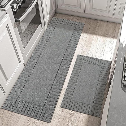BEQHAUSE-Kitchen-Rugs-Washable-Kitchen-Mats-for-Floor Non-Slip Kitchen Mat Set of 2 Absorbent Kitchen Runner with TPR Non Skid Backing,Grey,24x35inch/24x60inch