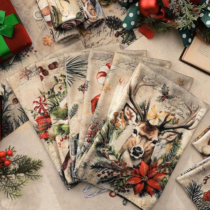12 Pcs Christmas Kitchen Towels and Dishcloths Absorbent Christmas Tree Reindeer Truck Hand Dish Towels Decoration for Xmas Home Gift Supplies, 14.2 x 21.3 Inch(Retro Style)