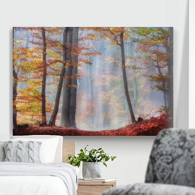 Renditions Gallery Canvas Nature Wall Art for Home Misty Orange Autumn Trees Forest Hanging Prints for Living Room Office Kitchen Decor - 32"X48" LT08