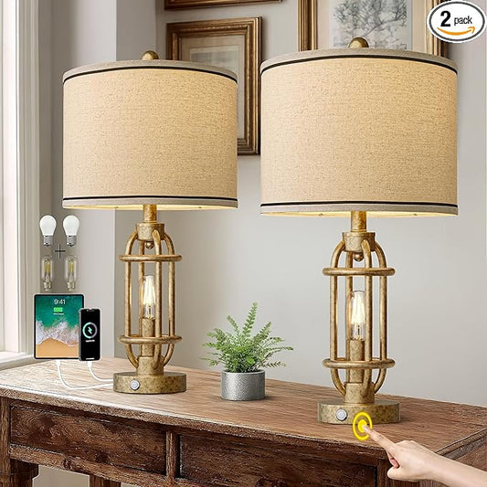 23.75'' Table Lamps Set of 2 for Living Room Bedroom Industrial Farmhouse Metal Touch Lamps with USB A+C Ports, Night Light Vintage Nightstand Bedside Lamp, Bulbs Included, Champagne Gold