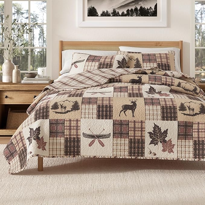 Great Bay Home Lodge Bedspread King Size Quilt with 2 Shams. Cabin 3-Piece Reversible All Season Quilt Set. Rustic Quilt Coverlet Bed Set. Redwood Collection.