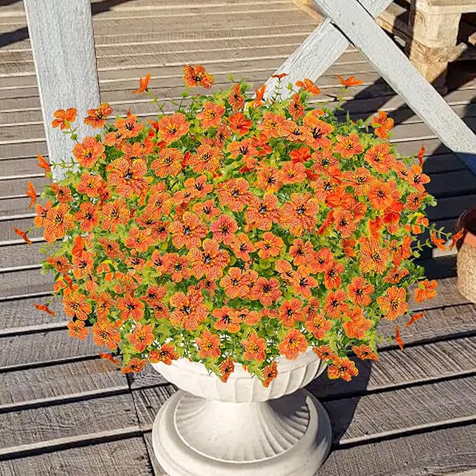 Agusbagli 72 Bundles Artificial Fall Flowers Outdoor UV Resistant Fake Autumn Boxwood Plants No Fade Faux Fall Flowers Arrangements for Outdoor Home Porch Garden Thanksgiving Fall Decor, Orange