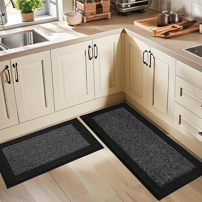 BEQHAUSE Kitchen Rugs and Mats Set of 2 Non-Slip Kitchen Mats for Floor, Absorbent and Stain Resistant Kitchen Runner, Machine Washable Rugs for Kitchen, Laundry & Sink, 20"x32"+20"x48", Black