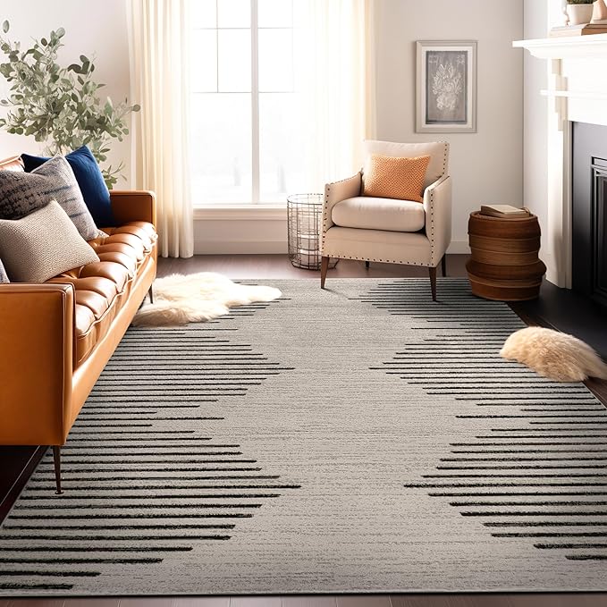 Rugshop Bohemian Stripe Stain Resistant High Traffic Living Room Kitchen Bedroom Dining Home Office Area Rug 8' 8" x 12' Cream