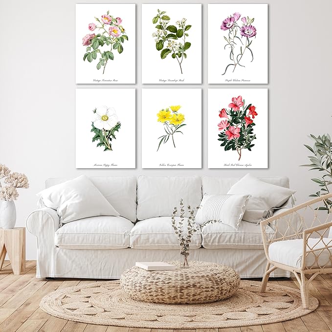 COSCTOR Set of 6 Botanical Floral Wall Art Decor Vintage Flower Market Canvas Framed 6 Pieces Green Plant Sage Minimalist for Bedroom Living Room Bathroom Hallway Home Decoration(Framed, 12x16)