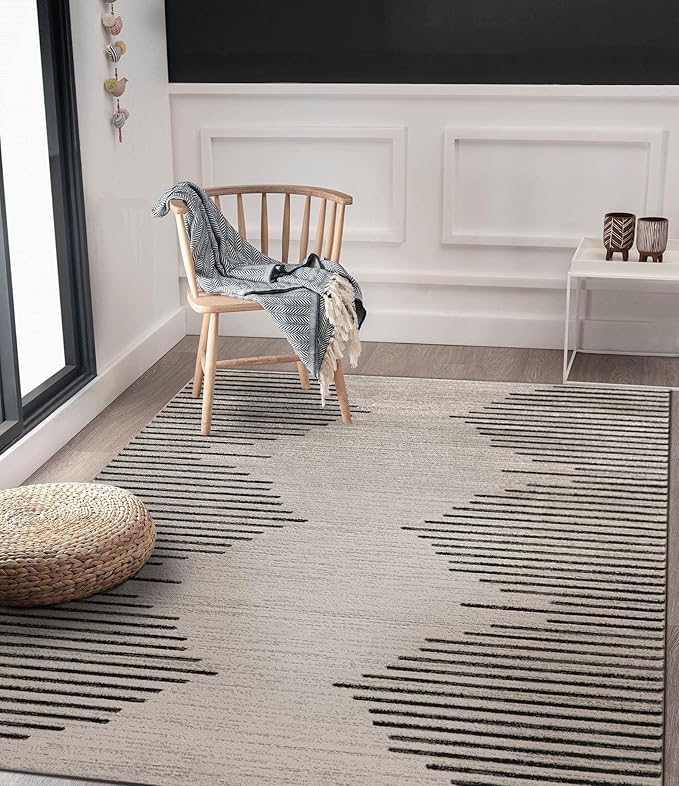 Rugshop Bohemian Stripe Stain Resistant High Traffic Living Room Kitchen Bedroom Dining Home Office Area Rug 3' 3" x 5' Cream