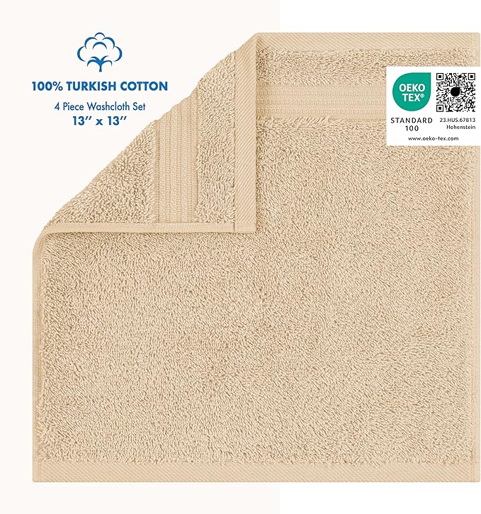 Cotton Paradise 100% Cotton Turkish Washcloth Set for Bathroom, 4 Piece Soft Absorbent Small Hand Face Towels Wash Rags, Beige