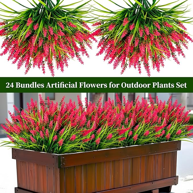 Artificial Flowers for Outdoor Plants 24 Bundles Fake Lavender Plastic Faux Monkey Grass for Verandah Window Garden Office Patio Front Porch UV Resistant for Planter(Hot Pink)