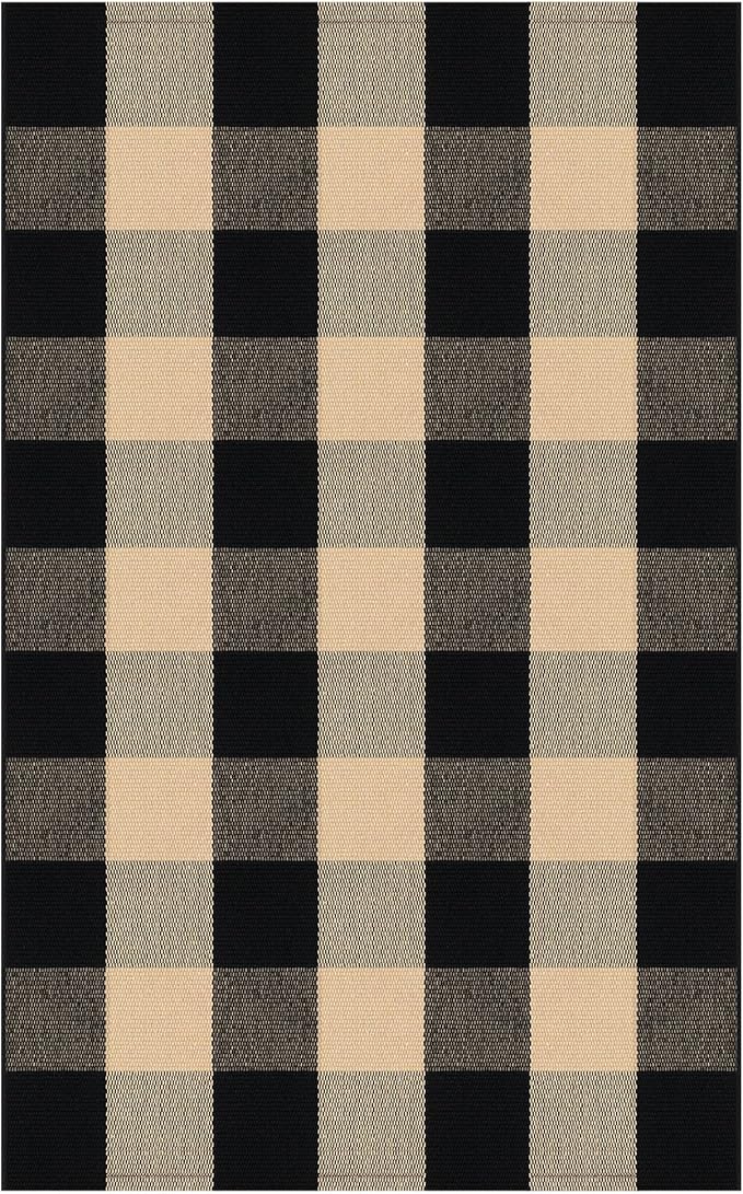 KOZYFLY Buffalo Plaid Area Rugs 27.5x43 Inches Brown and Black Checkered Rug Washable Front Door Mat Hand Woven Cotton Outdoor Rugs Small Rug for Front Porch Kitchen Entryway Patio Bathroom