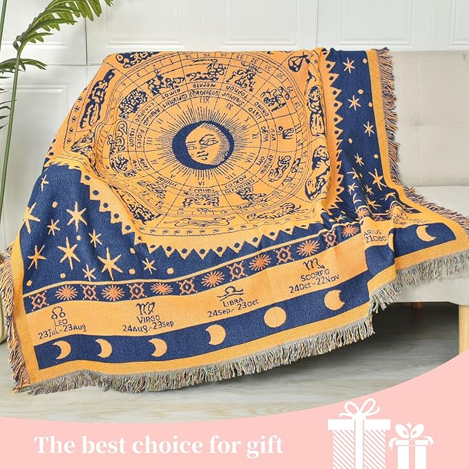Boho Throw Blanket Reversible Cotton Bohemian Tapestry Hippie Room Decor Outdoor Blanket Double Sided (Boho Horoscope 50"x60")