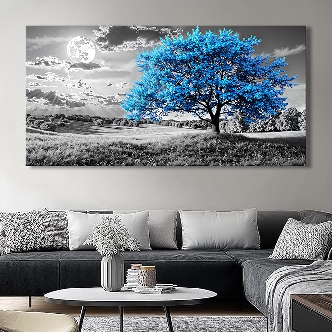 Blue Tree Canvas Wall Art - Modern landscape Paintings for Living Room, Bedroom Wall Decor, Framed Wall Art for Home or Office Decoration, Large Wall Art 75x150cm(30x60in)