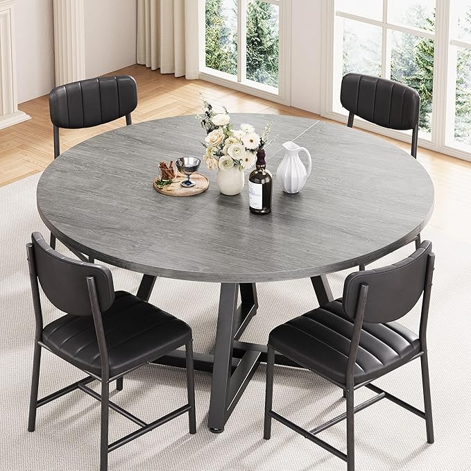 51“ Round Kitchen Dining Room Table for 6-8, Circle Dining Dinner Table with Pedestal Metal Frame, Space Saving Wood Industrial Furniture for Small Space (Grey, 51In)