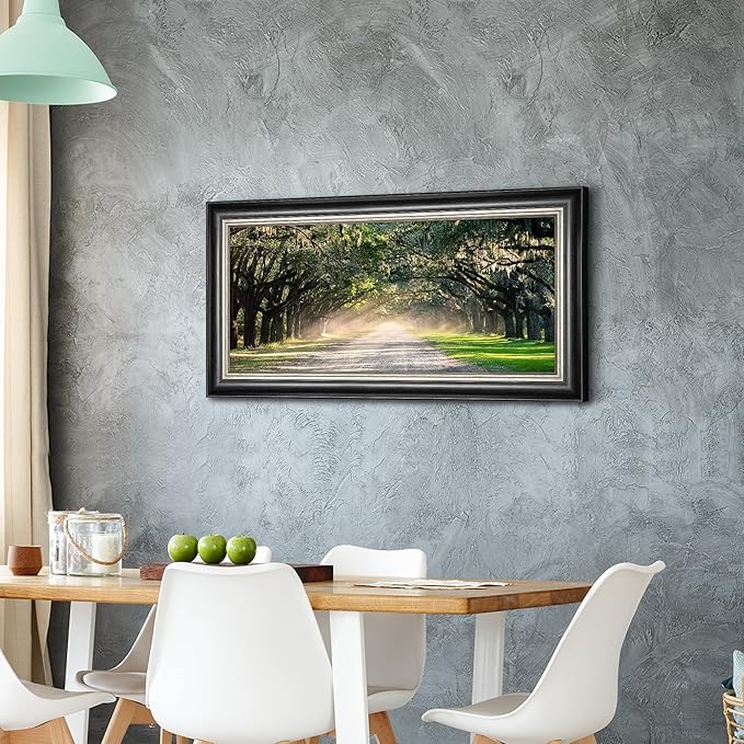 Oak Tree Canvas Wall Art: Framed Green Forest Path Painting Nature Park Landscape Artwork for Living Room