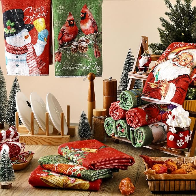 12 Pcs Christmas Kitchen Towels and Dishcloths Absorbent Christmas Tree Reindeer Truck Hand Dish Towels Decoration for Xmas Home Gift Supplies, 14.2 x 21.3 Inch (Exquisite Style)