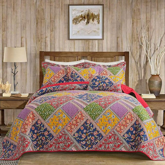 VAPUTAR Cotton Quilt Queen Size Set, Quilted Bedspread Coverlet (90 * 98 Inch) with 2 Pillowcovers, 3 Pieces Lightweight Farmhouse Style with Patchwork Design Queen Quilt Bedding Set for All Season