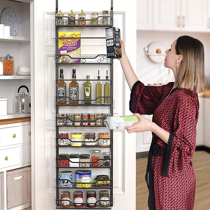 Moforoco 8-Tier Over The Door Pantry Organizer, Pantry Organization and Storage, Black Hanging Basket Wall Spice Rack Seasoning Shelves, Home & Kitchen Laundry Room Bathroom Essentials accessories