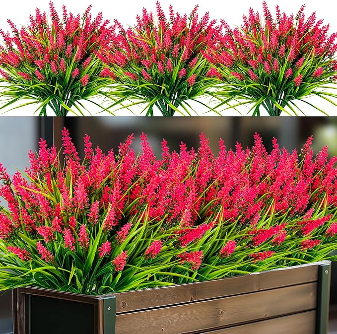 Artificial Flowers for Outdoor Plants 24 Bundles Fake Lavender Plastic Faux Monkey Grass for Verandah Window Garden Office Patio Front Porch UV Resistant for Planter(Hot Pink)