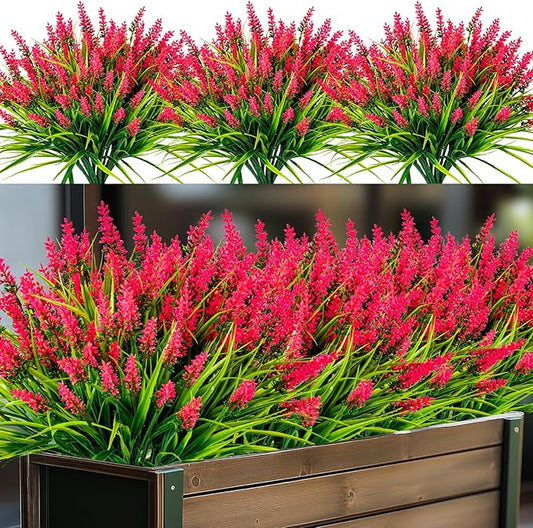 Artificial Flowers for Outdoor Plants 24 Bundles Fake Lavender Plastic Faux Monkey Grass for Verandah Window Garden Office Patio Front Porch UV Resistant for Planter(Hot Pink)
