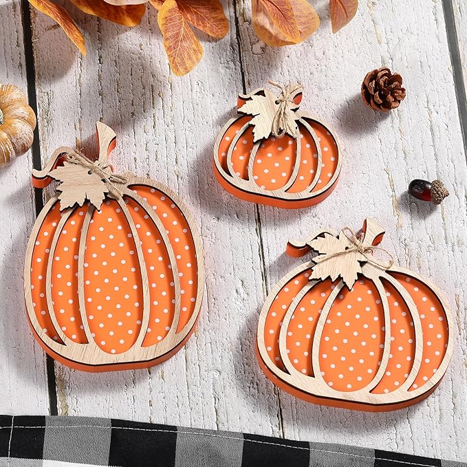 Fall Decor- 3pcs Wooden Pumpkin Decorations for Autumn Thanksgiving Home Table Shelf Mantel Fireplace Party Decor