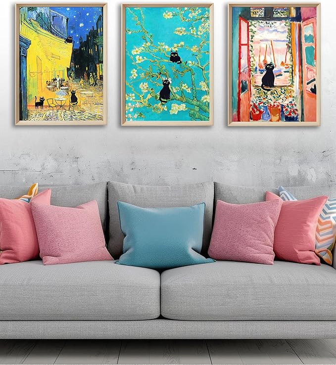 UPWOIGH 12"x16" Wood Framed Wall Art, Black Cats Canvas Wall Decor, Set of 3, Henri Matisse and Van Gogh Prints Poster, Funny Cute Animal Pictures for Living Room, Bathroom, Gifts