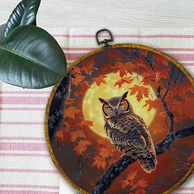 Mcehtle Moody Fall Owl Wall Art Decor, Mystical Owl Moon Autumn Spooky Woodland Scene Framed Canvas Prints 10x10, Rustic Cottagecore Nature Bird Round Wall Hanging Artwork Decorations for Gallery