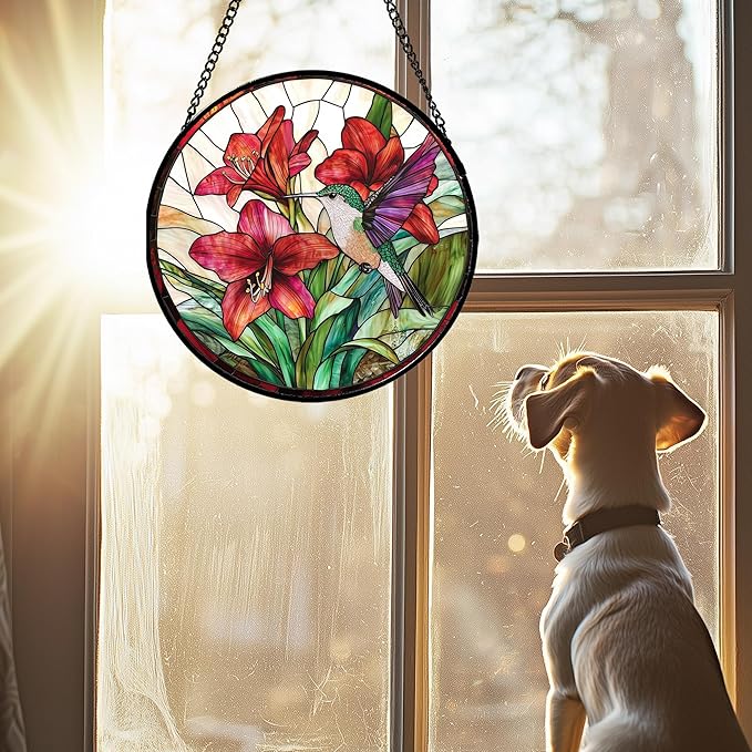 Stained Glass Window Hanging - Hummingbird On Red Lily Flower Sun Catcher for Door Garden Decor Suncatcher Christmas Mother's Day Birthday Gifts for Bird Lovers Women Men Mom Nana 15 in