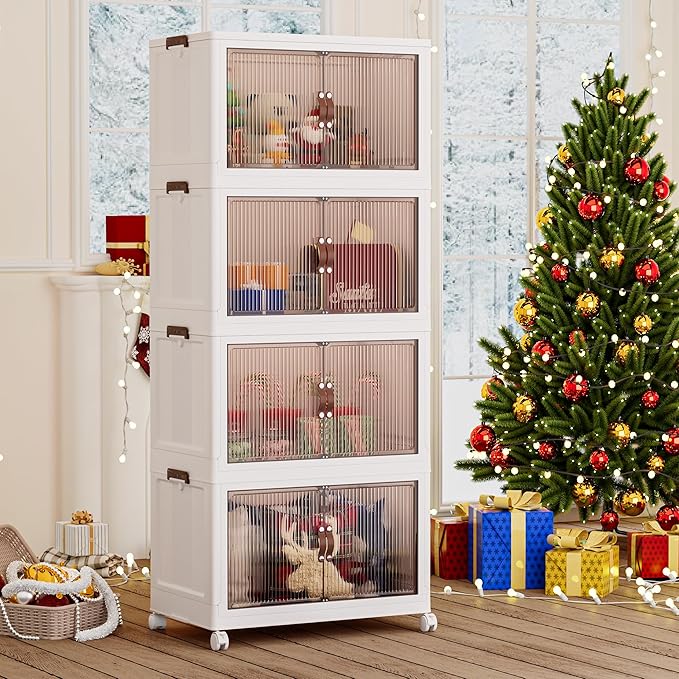 Jalove 50QT Plastic Storage Bins with lids, Stackable Collapsible Storage Containers with Wheels, Closet Organizer and Storage Drawers, Clothes Storage Cabinet for Home Office Garage, 1 Pack White