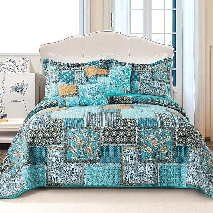 VAPUTAR Cotton Quilt Twin Size Bedding Set - 2 Pieces, Farmhouse Twin Size Quilts, Lightweight Reversible Coverlets Bedspreads for All Season (Teal/Green Chic)
