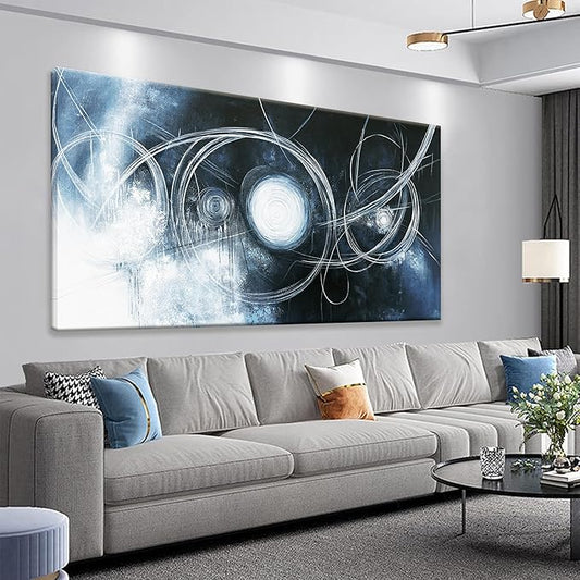 TAIJXAGSG Abstract Wall Art Modern Wall Decorations Maximalist Dark Blue Canvas Wall Art Decor Prints White Line Artwork For Living Room Bedroom Kitchen Office Artwork Ready To Hang 24"×48"