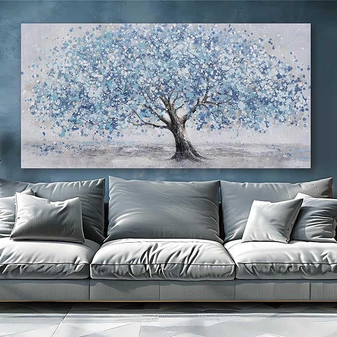 Tree of Life Wall Art Blue Tree Picture Wall Decor Artwork Framed Abstract Canvas Painting Nature Decor for Living Room Bedroom Bathroom Office Home Decor 20"x40"Can Be Hung Directly