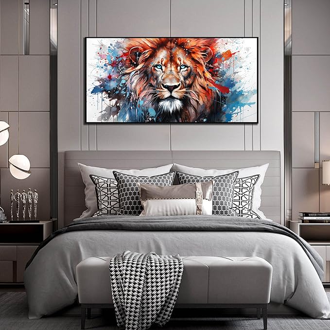 ZHAOSHOP Lion Art Wall Decor for Living Room - Colorful Modern Wall Art for Office - Black Framed Wall Art for Bedroom Size 29" x 59"