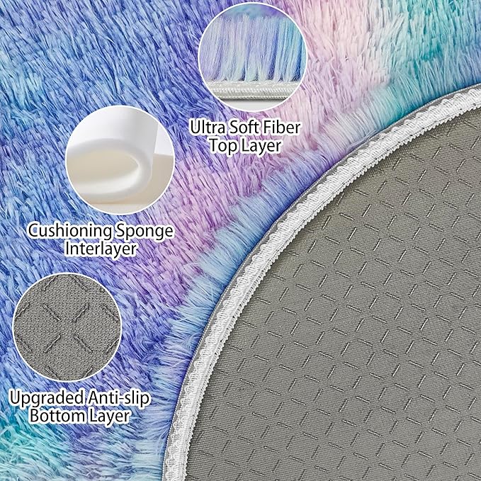 Tie Dye Rainbow Round Rugs Small 2x2 ft Fluffy Circle Rug Furry Carpet Shaggy Circular Fuzzy Plush Area Rug for Girls Bedroom Kids Room Nursery Cute Room Decor Chair Cushion Pet mat Doormat