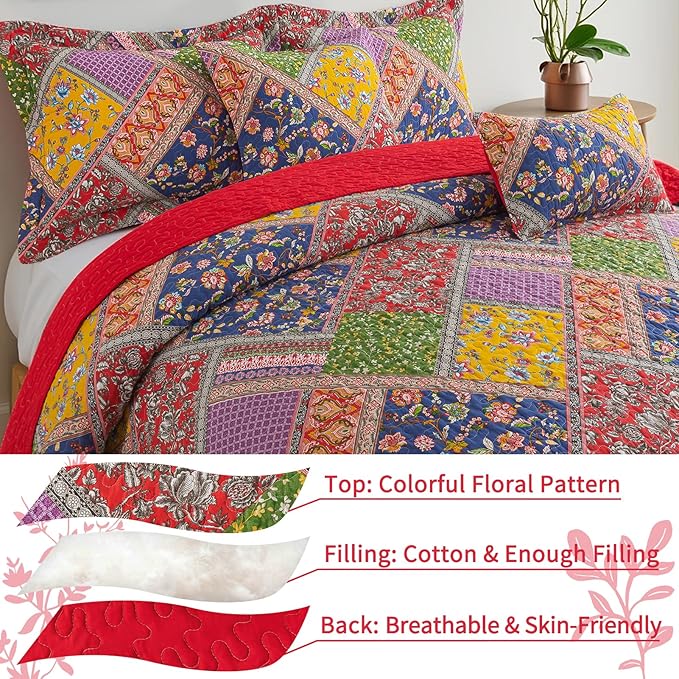 VAPUTAR Cotton Quilt King Size Set, Quilted Bedspread Coverlet (96 * 108 Inch) with 2 Pillowcovers, 3 Pieces Lightweight Farmhouse Style with Patchwork Design King Quilt Bedding Set for All Season.