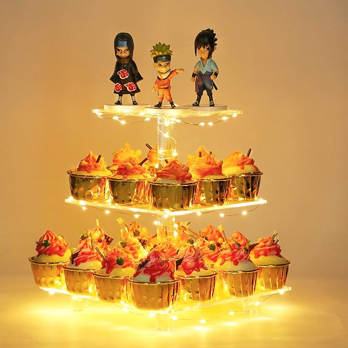 YestBuy 3 Tier Clear Square Cupcake Stand - Premium Cupcake Holder - Acrylic Cupcake Tower Display - Cady Bar Party Décor + LED Light String - Ideal for Weddings, Birthday Parties (Yellow Light)