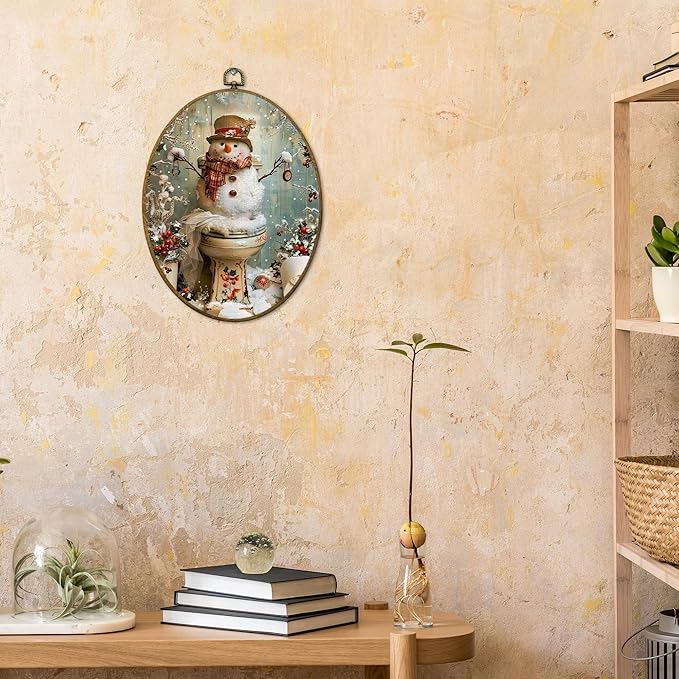 CUANFDDSF Vintage Christmas Snowman Bathroom Oval Wall Art Decor, Funny Winter Xmas Snowman on Toilet Wall Hanging Decor, Christmas Framed Canvas Prints for Bathroom Toilet Washroom, 8.6x11.4 Inch