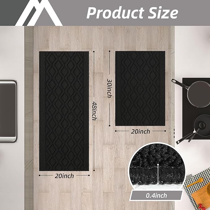 COSY HOMEER 48x20 Inch/30X20 Inch Kitchen Rug Mats Made of 100% Polypropylene 2 Pieces Soft Kitchen Mat Specialized in Anti Slippery and Machine Washable,Black