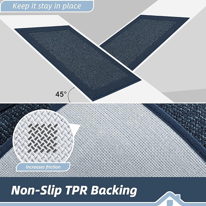 BEQHAUSE Kitchen Rugs and Mats Set of 2 Non-Slip Kitchen Mats for Floor, Absorbent and Stain Resistant Kitchen Runner, Machine Washable Rugs for Kitchen, Laundry & Sink, 24"x36"+24"x60", Blue