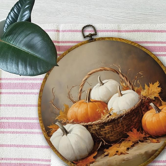 Mcehtle Vintage Fall Pumpkin Maple Leaf Wall Art Decor, Farmhouse Rustic Harvest Autumn Pumpkin Framed Canvas Prints 10x10, Fall Round Wall Hanging Artwork Decorations for Bedroom Living Room