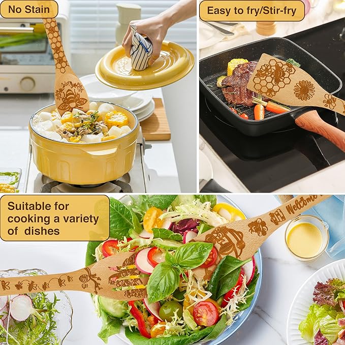 8PCS Bumble Bee Bamboo Cooking Utensil Spoon with Apron Oven Mitt Potholder for Kitchen Decor,Honey Bee Themed Gifts for Women,Kitchen Pot Holder Sets for Housewarming,Birthday